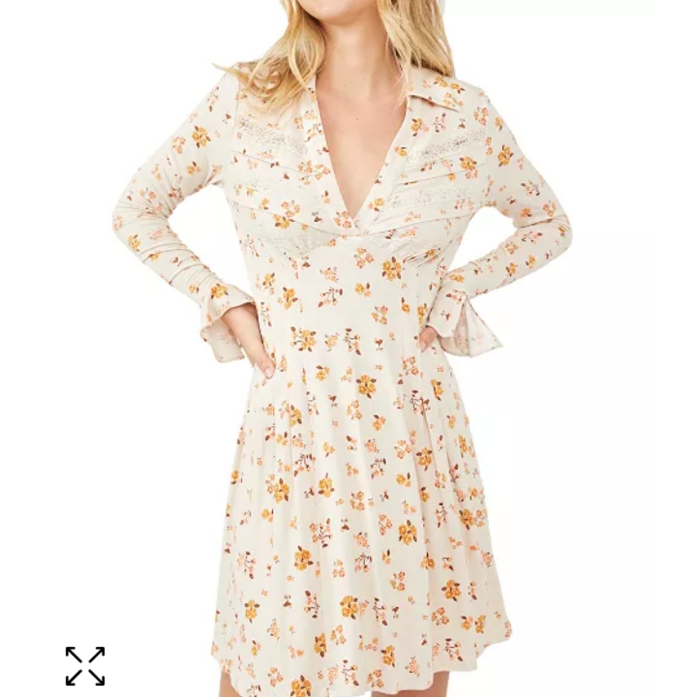 Free People "Good Days" Long Sleeve Mini Dress Size Small Cream/Orange Floral